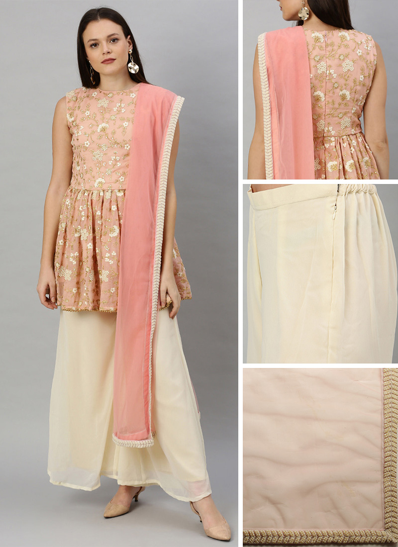 Peach N Off White Jewel Neck Palazzo Set Party Wear