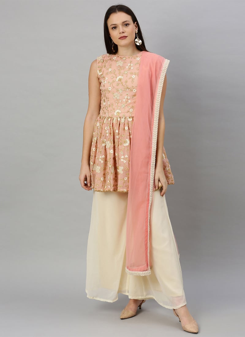 Peach N Off White Jewel Neck Palazzo Set