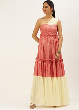 Peach N White Embroidered Tiered Maxi Dress
