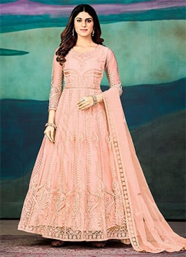 Peach Net Embroidered Anarkali Suit