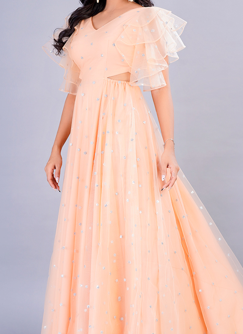 Peach Net Embroidered Sitara Lace Work Dress main image 1