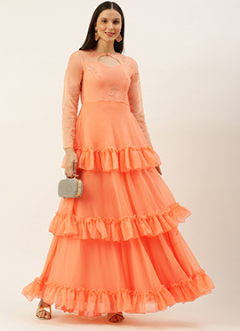 Peach Organza Embroidered Layered Gown