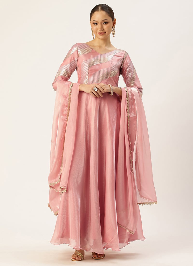 Peach Organza Satin Embroidered Anarkali Suit Wedding Wear