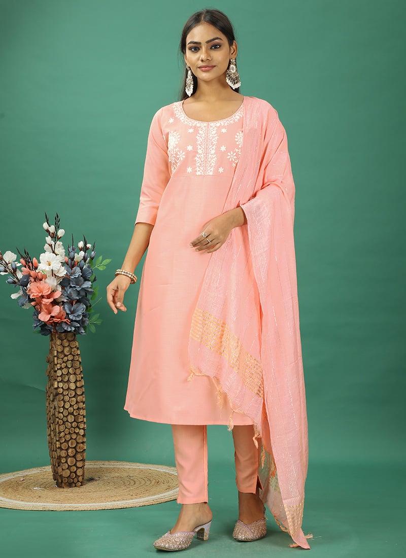 Teen Girls Peach Rayon Embroidered Narrow Straight Pant Suit Festive Wear
