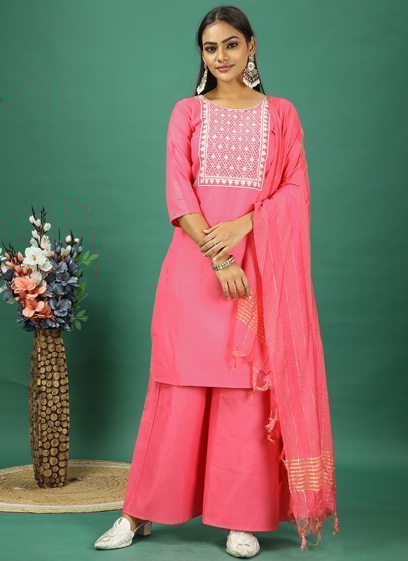 Teen Girls Peach Rayon Embroidered Palazzo Suit Festive Wear