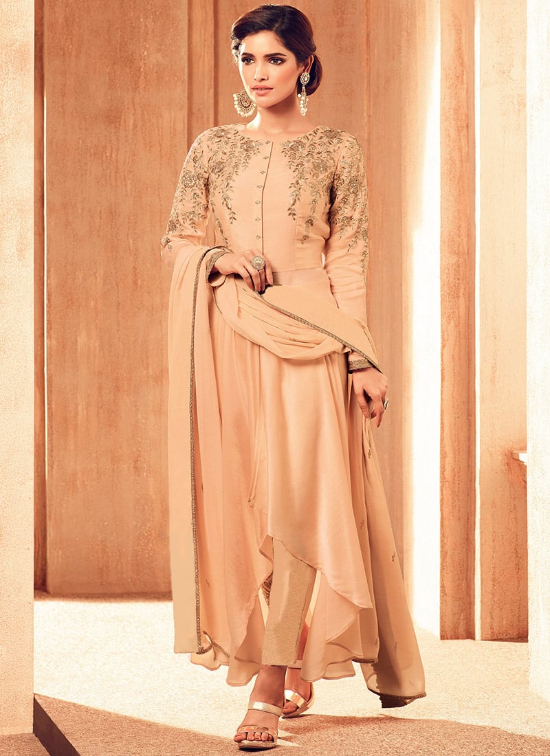 Peach Satin Georgette Straight Pant Suit Party Wear
