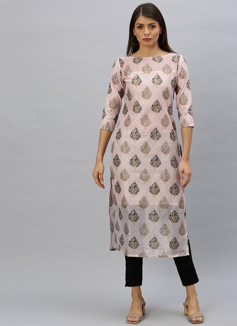 Peach Sheer Neck Foil Print Cotton Kurti
