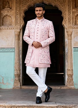Peach Silk Embroidered Sequins Indowestern Sherwani