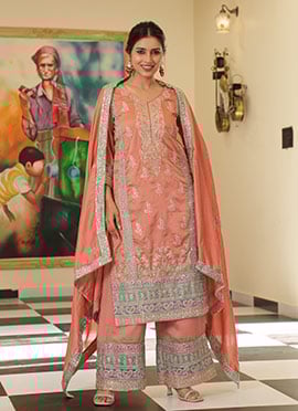 Peach Silk Embroidered Sequins Straight Pant Suit