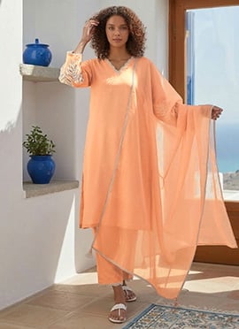 Peach Silk Embroidered With Beads Work Straight Pant Suit