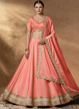 Peach Silk Lehenga Set With Zari Hand Embroidery Sequins