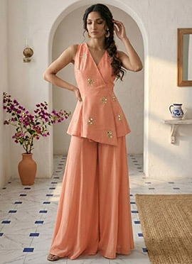 Peach Silk Mirror Work Indowestern Palazzo Set