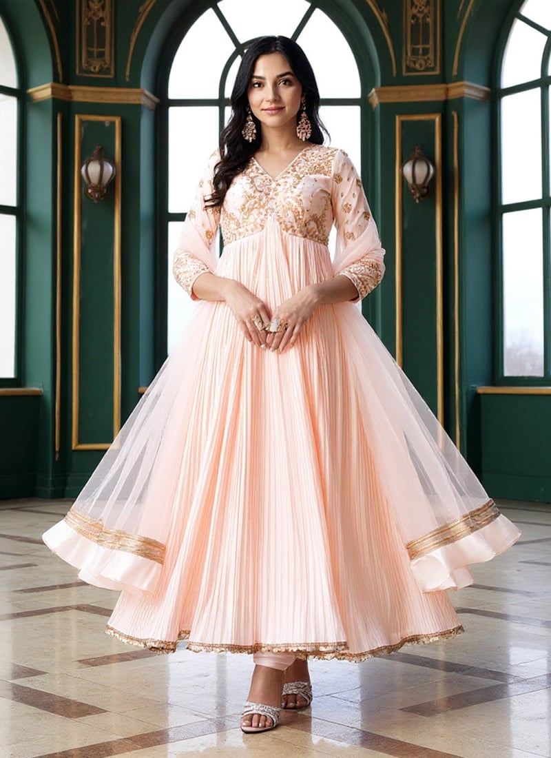 Peach Silk Zardosi Hand Embroidered Anarkali Suit