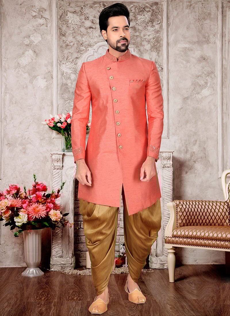 Peach Slub Silk Hand Work Classic Sherwani Wedding Wear