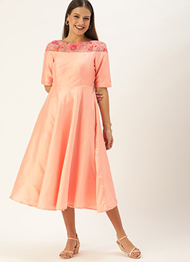 Peach Taffeta Boat Neck Embroidered Dress