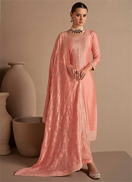 Peach Tussar Silk Embroidered Palazzo Suit