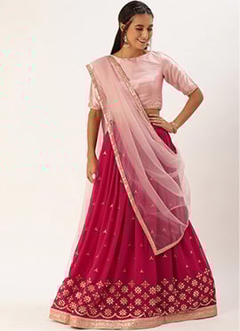 Pink  Embroidered Gathers Lehenga Set