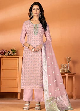 Pink Art Silk Cotton Jacquard Straight Pant Suit