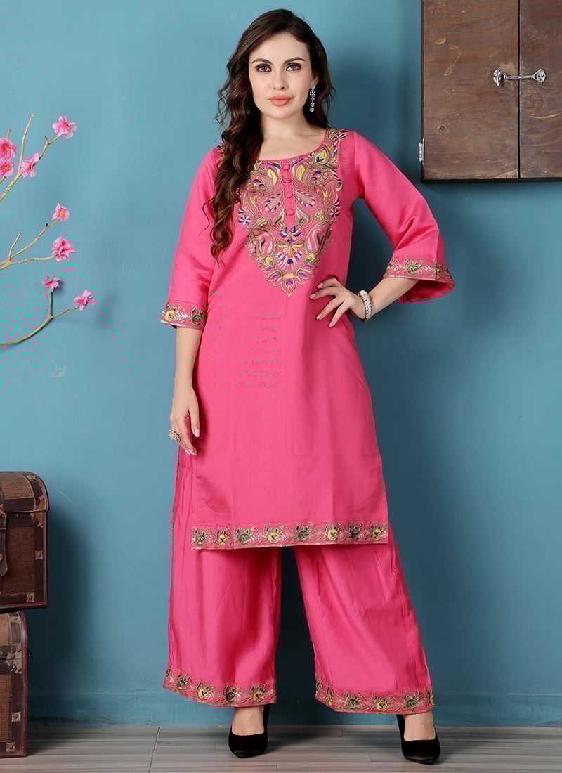 Teen Girls Pink Art Silk Embroidered Kurta Sets Festive Wear