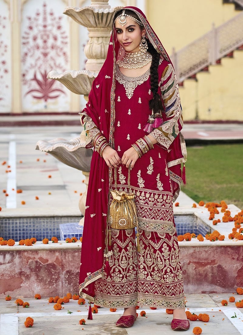 Pink Art Silk Embroidered Palazzo Suit