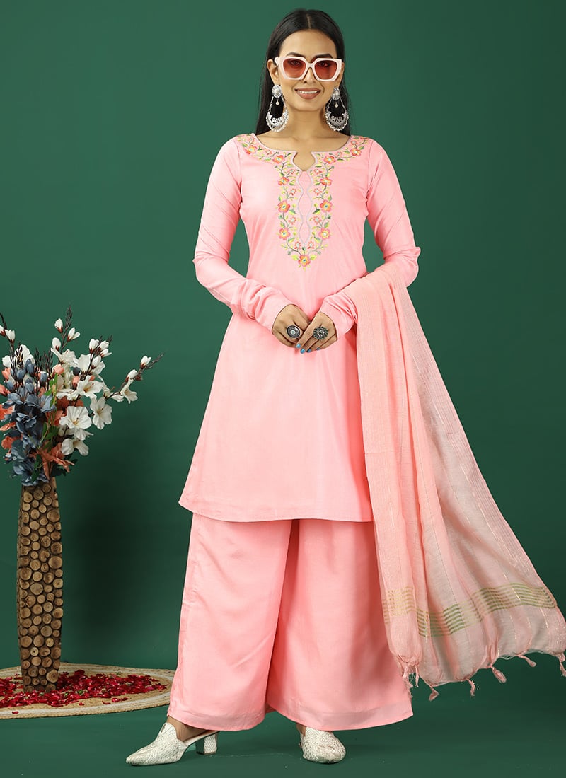 Pink Art Silk Embroidered Straight Pant Suit