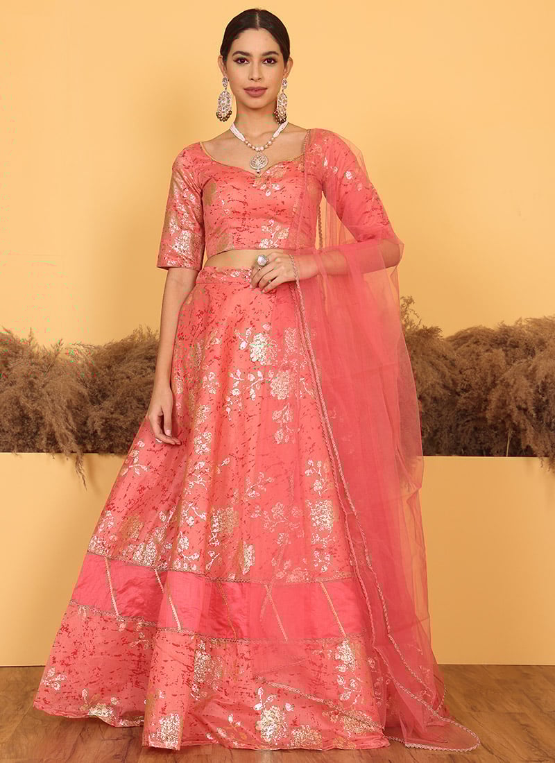 Pink Art Silk Foli Print Lehenga Set