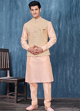 Pink Art Silk Jacquard Bandi Set