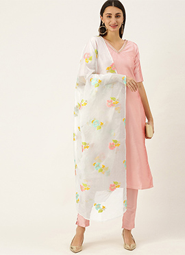 Teen Girls Pink Art Silk N Off White Organza Straight Suit