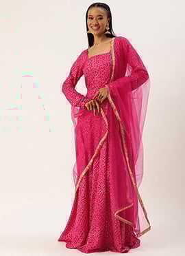 Teen Girls Pink Bandhani Printed Rayon Gown With Dupatta Set