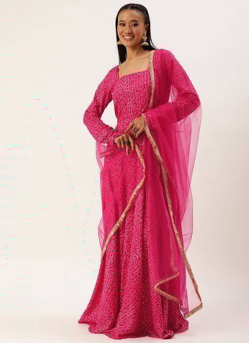 Teen Girls Pink Bandhani Printed Rayon Gown With Dupatta Set Festive Wear