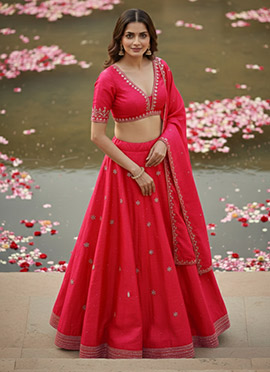 Pink Banglory Silk Zari Hand Embroidered Sequins With Stone Work Lehenga