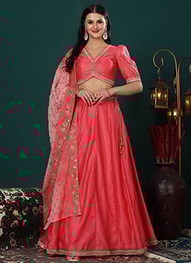 Pink Chanderi Lehenga With Embroidered Dupatta