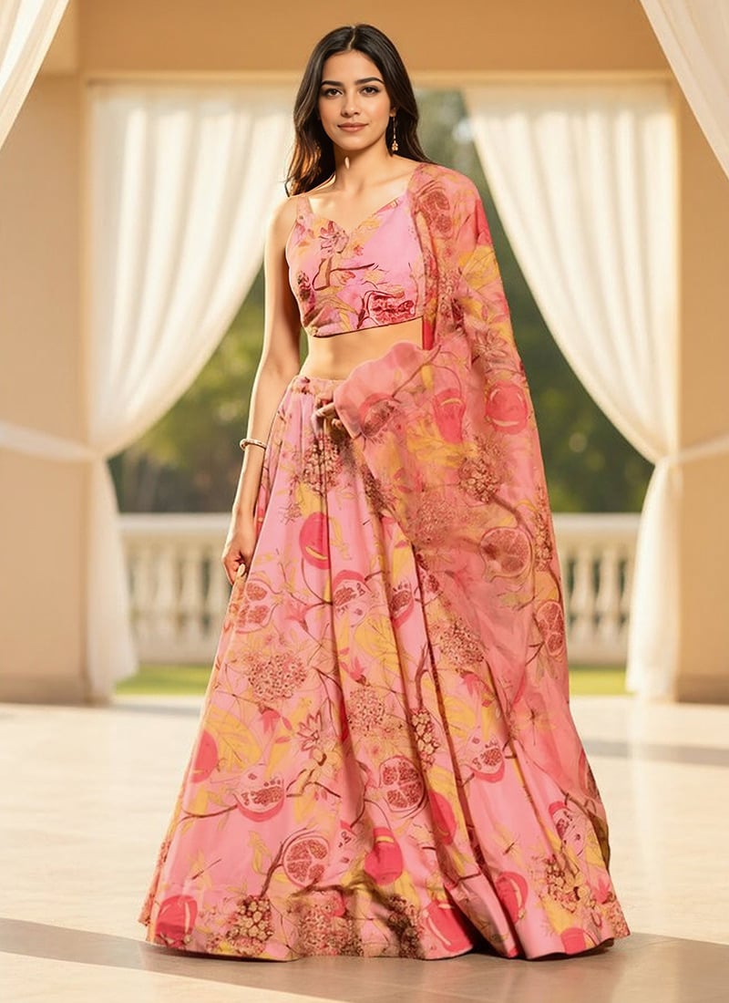 Pink Chinon Digital Floral Print Lehenga