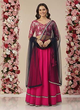 Pink Chinon Embroidered Gather Style Lehenga Set