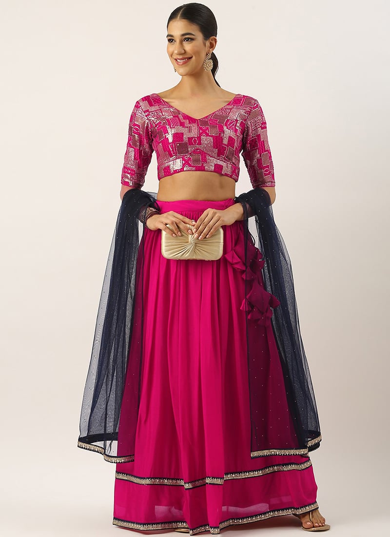 Teen Girls Pink Chinon Embroidered Gather Style Lehenga Set