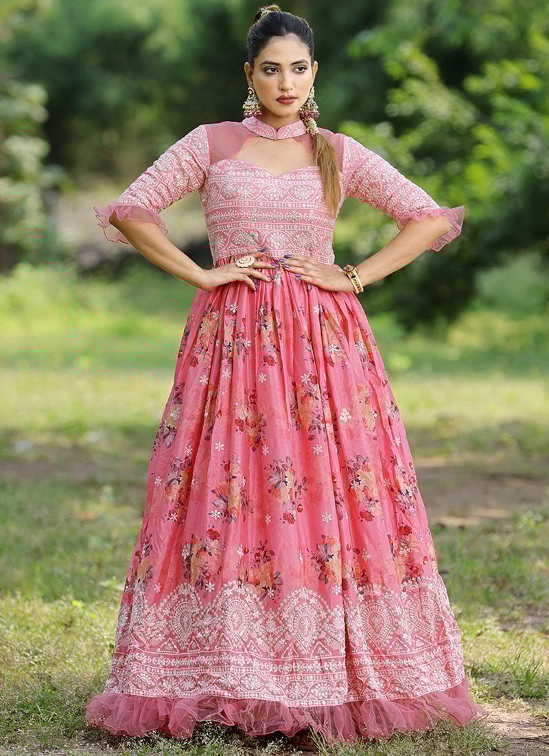 Pink Chinon Embroidered Gown Wedding Wear-IWBS02303927