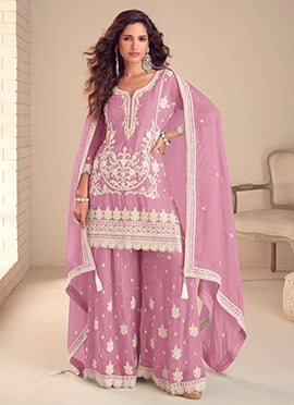 Pink Chinon Embroidered Hand Work Palazzo Suit