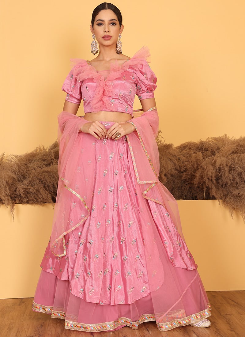 Pink Chinon Embroidered Lehenga Set Festive Wear