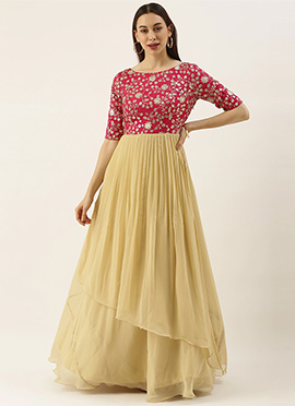 Pink Chinon Embroidered N Beige Gown