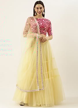 Pink Chinon Embroidered N Yellow Tiered Lehenga