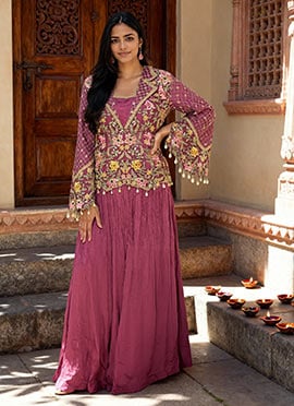 Pink Chinon Embroidered Sequins With Stone And Mirror Work Indowestern Skirt Set