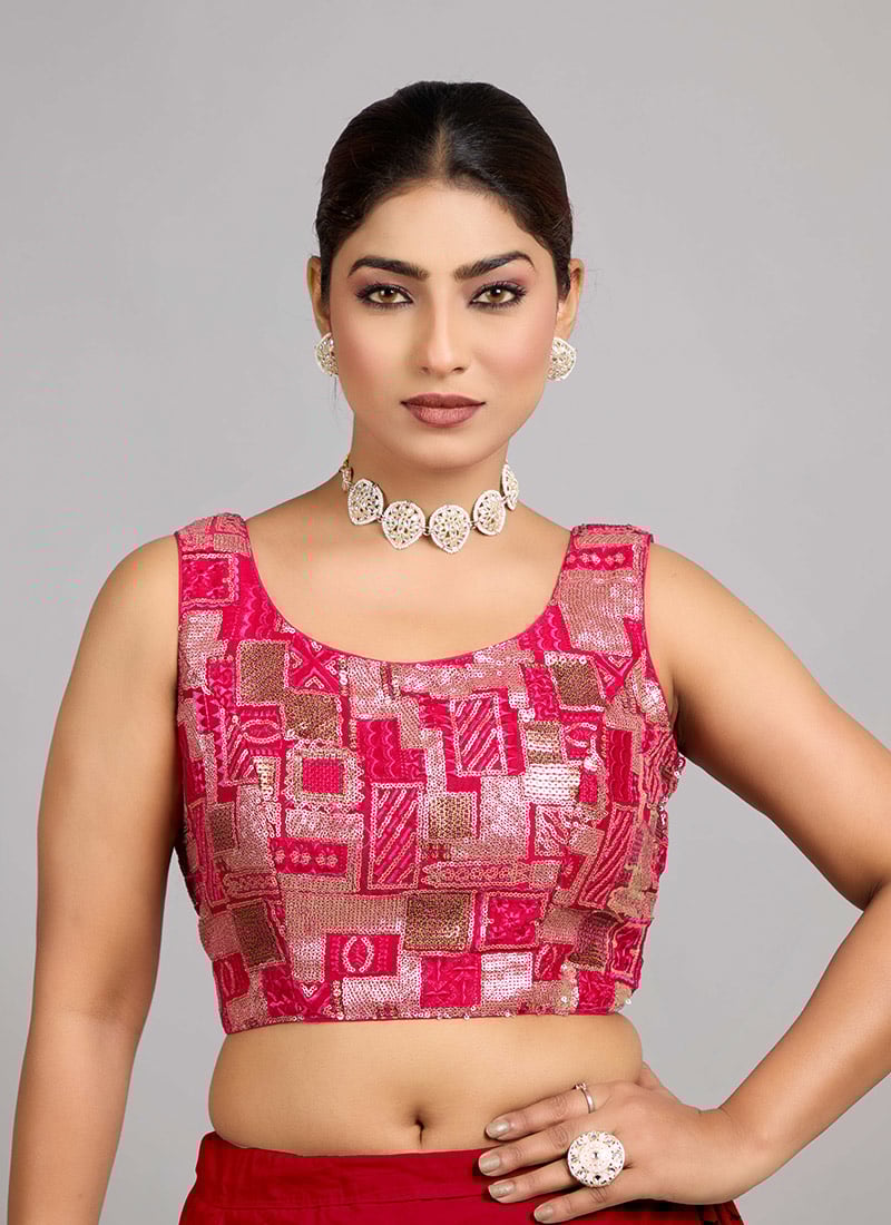 Pink Chinon Embroidered Sleeveless Blouse Festive Wear