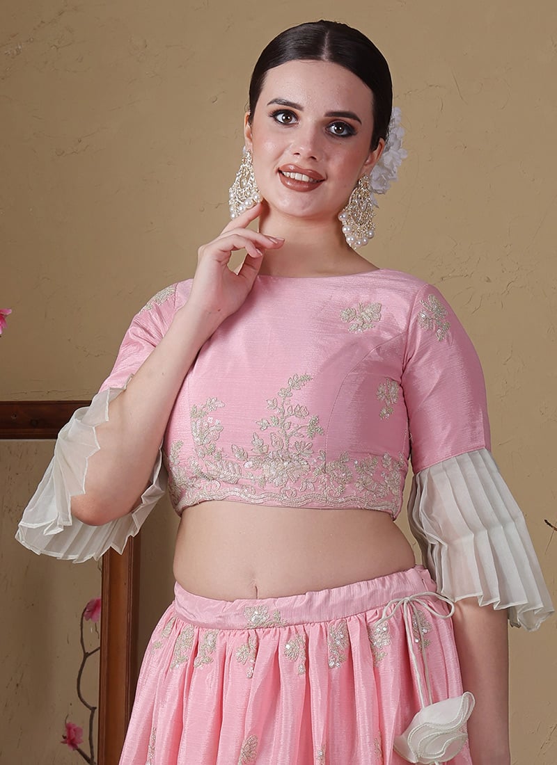 Pink Chinon Embroidery N Sea Green Organza Blouse Festive Wear