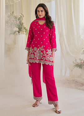 Pink Chinon Silk Embroidered Sequins With Stone And Beads Work Straight Pant Suit