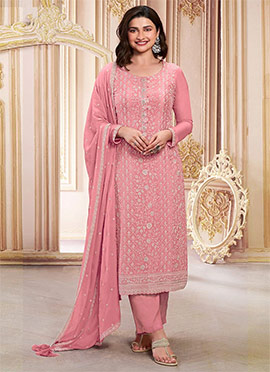 Pink Chinon Silk Stone Embroidered Sequins Straight Pant Suit By Prachi Desai