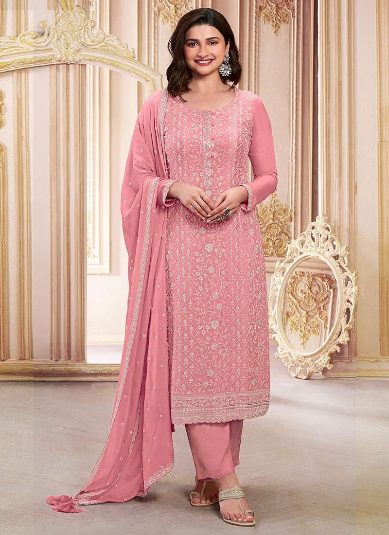 Pink Chinon Silk Stone Embroidered Sequins Straight Pant Suit By Prachi Desai Festive Wear