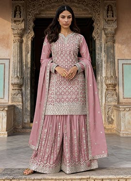 Pink Chinon Silk Zari Embroidered Palazzo Suit