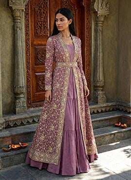 Pink Chinon Silk Zari Embroidered Sequins Anarkali Gown With Jacket