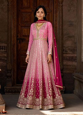 Pink Chinon Silk Zari Embroidered Sequins Gota Work A Line Anarkali Suit