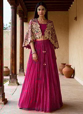 Pink Chinon Silk Zari Embroidered Sequins Indowestern Jacket Lehenga Set